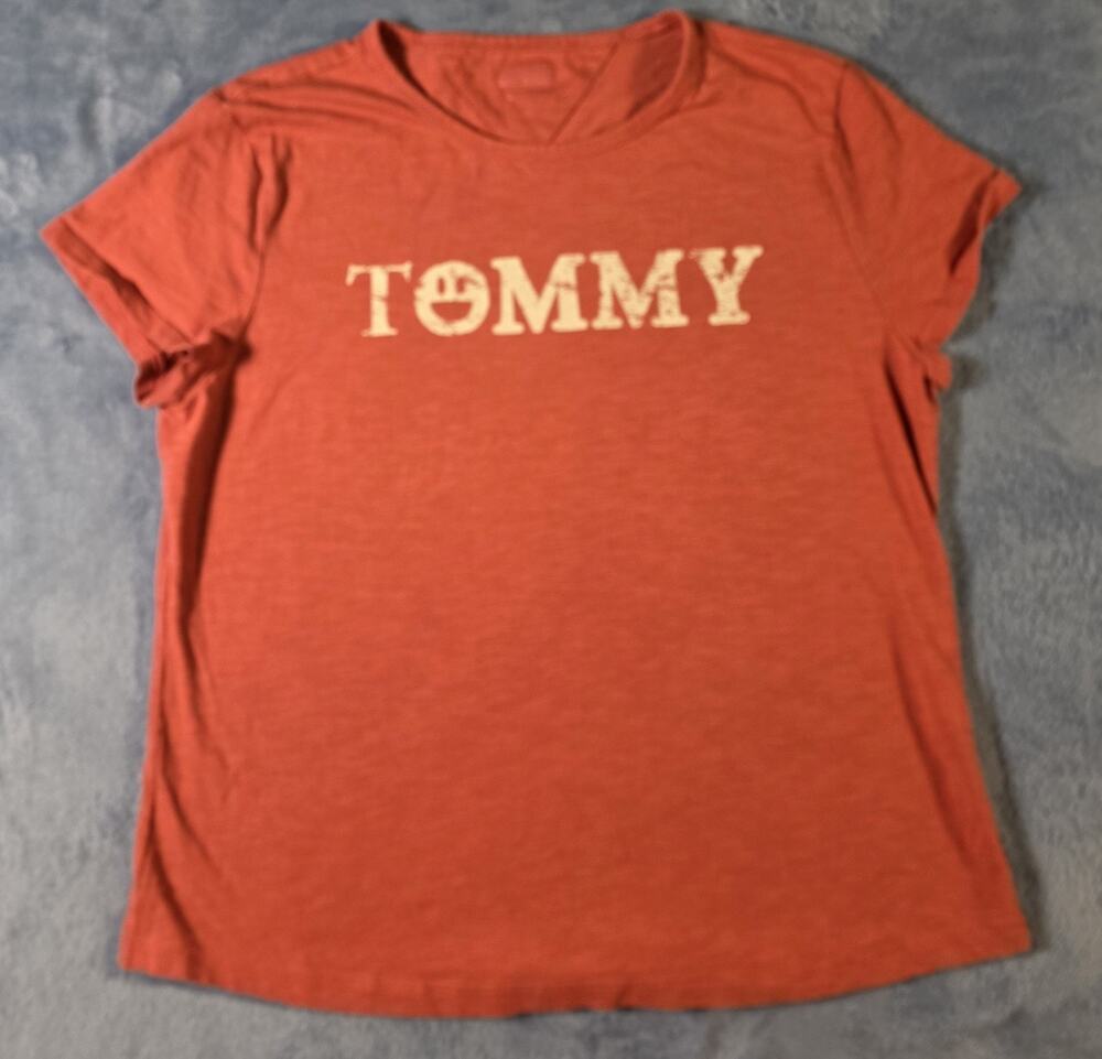 Tommy Hilfiger Womens T Shirt Orange V Neck Distressed Logo Tee Medium